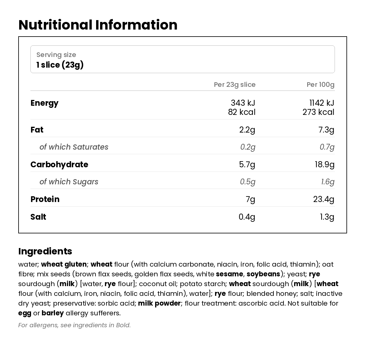 Nutritional information for Low Carb Sourdough White Half Bloomer 350g