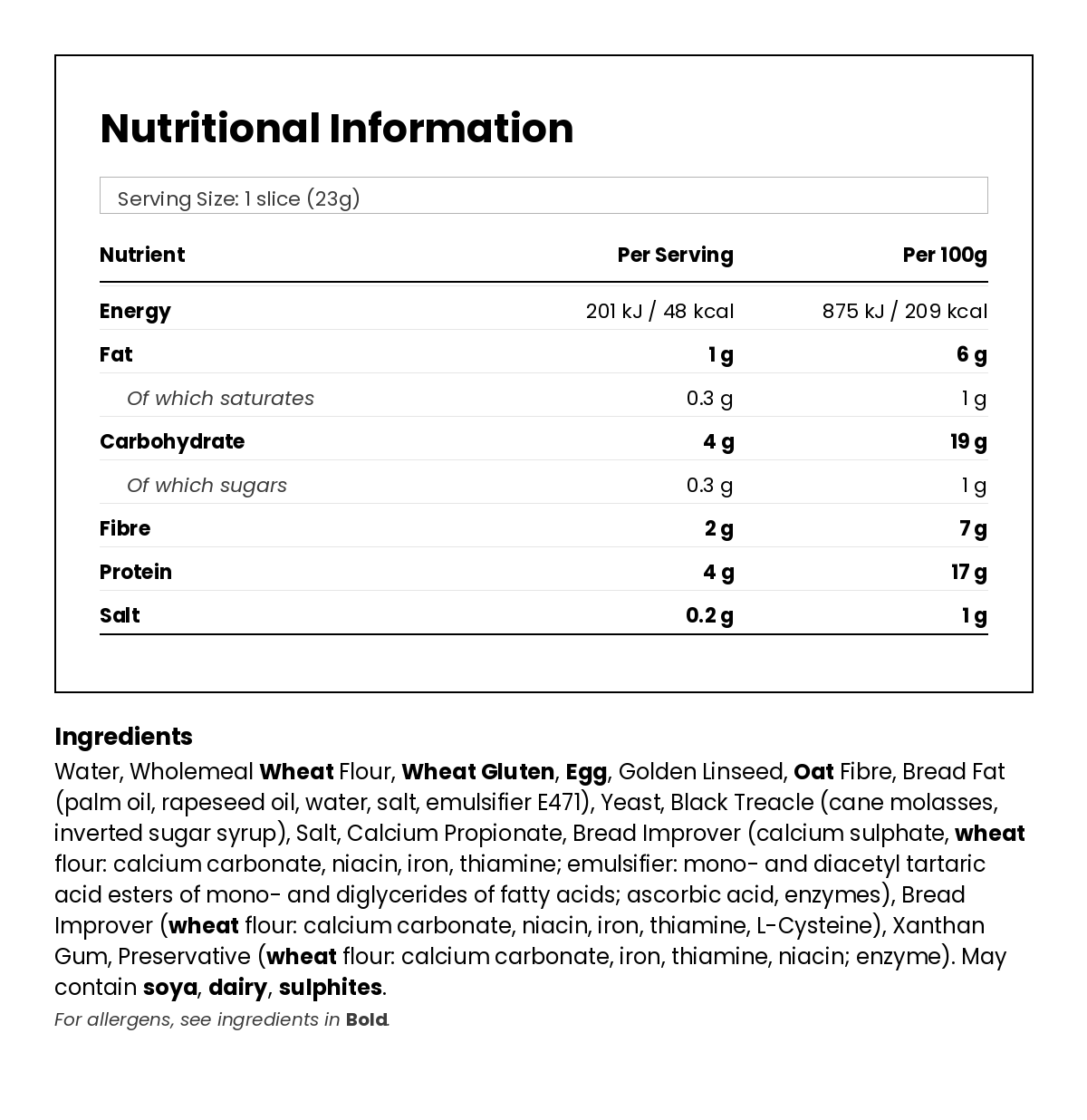 Nutritional information for Lower Carb Loaf 300g