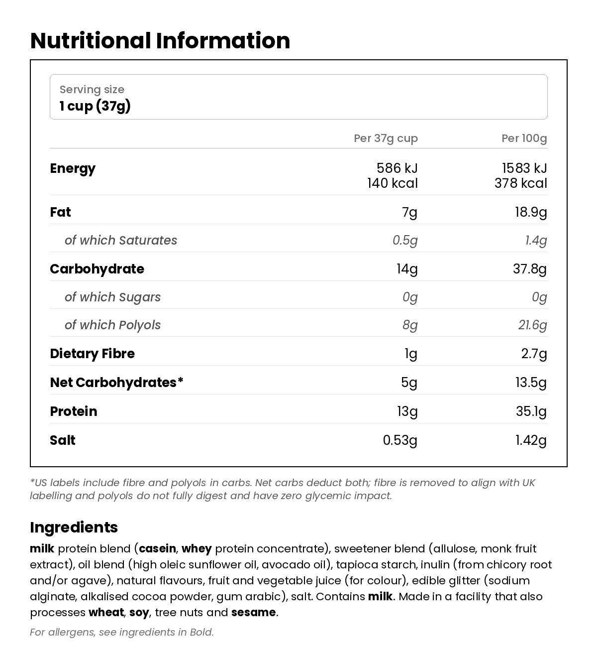 Nutritional information for Chocolate Chip Cookie Protein Cereal 198g