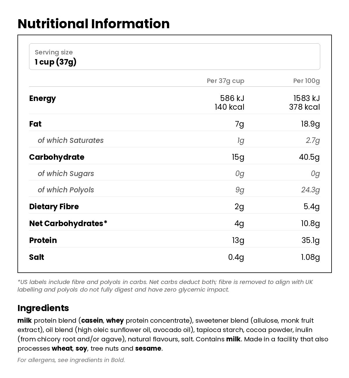Nutritional information for Cocoa Protein Cereal 198g