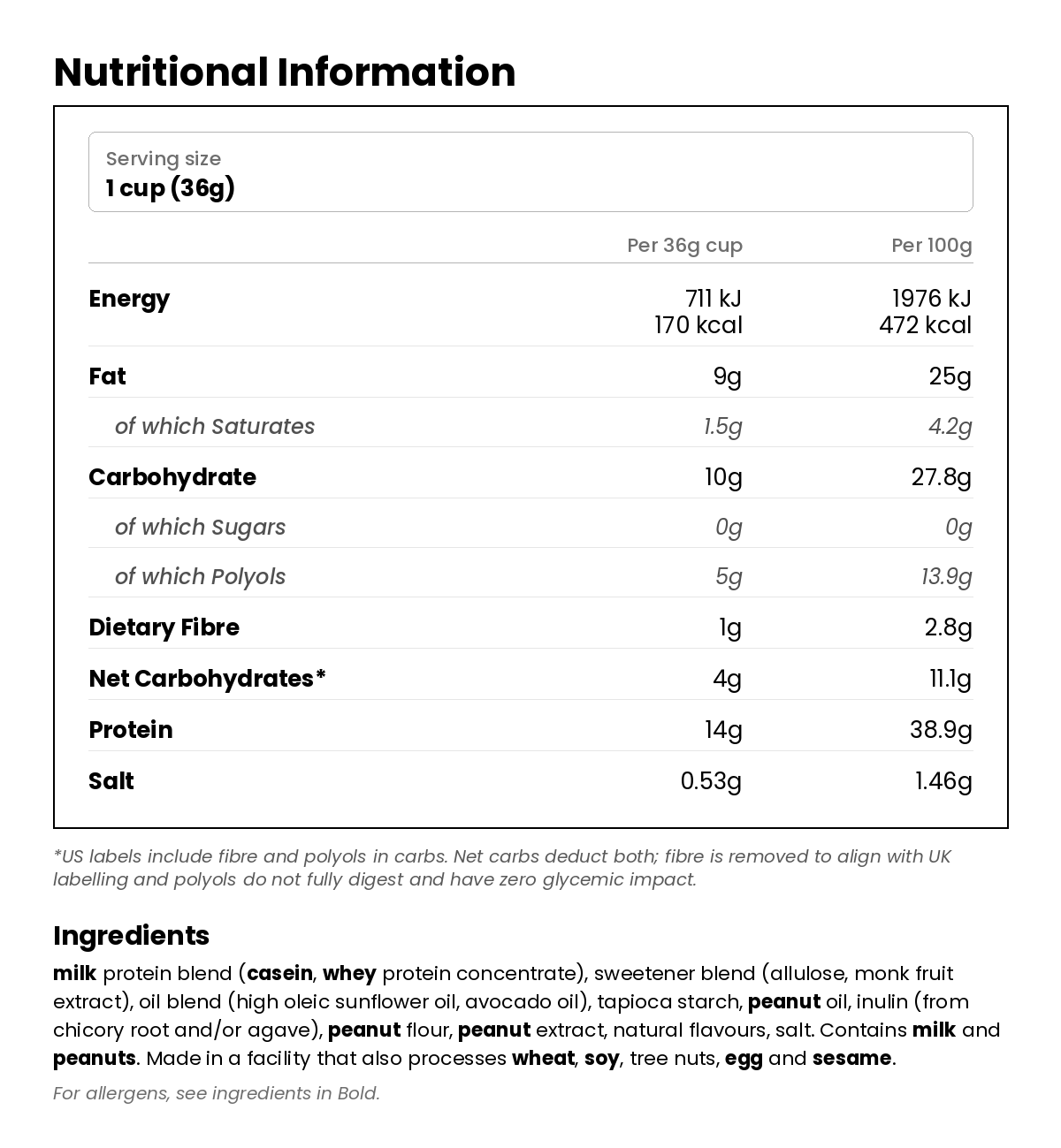 Nutritional information for Peanut Butter Protein Cereal 198g
