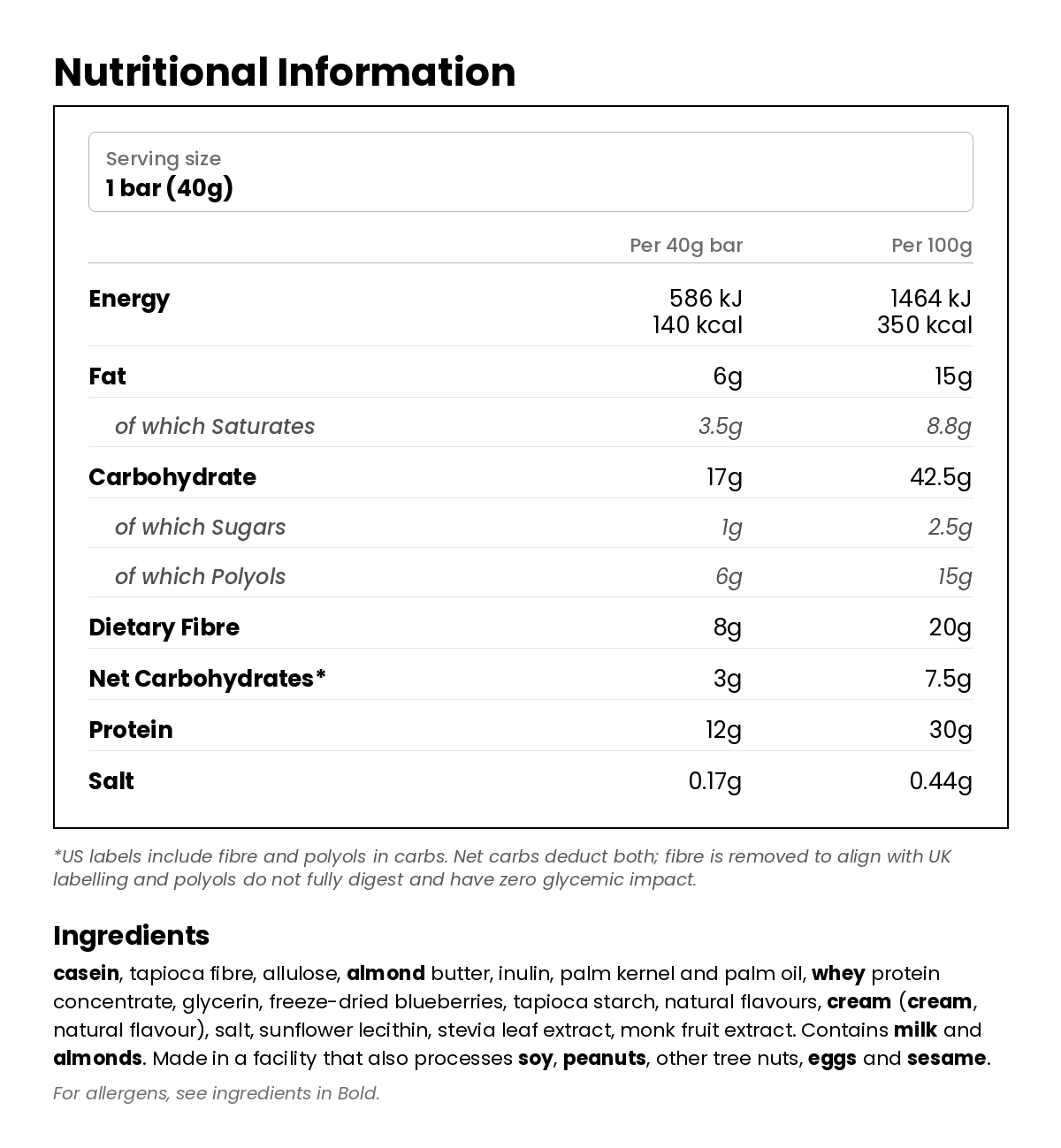 Nutritional information for Blueberry Muffin Protein Treat Cereal Bar 40g