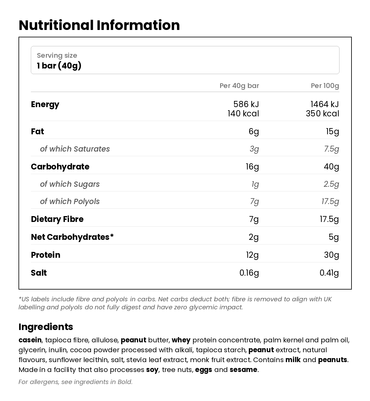 Nutritional information for Chocolate Peanut Butter Protein Treats Cereal Bar 40g