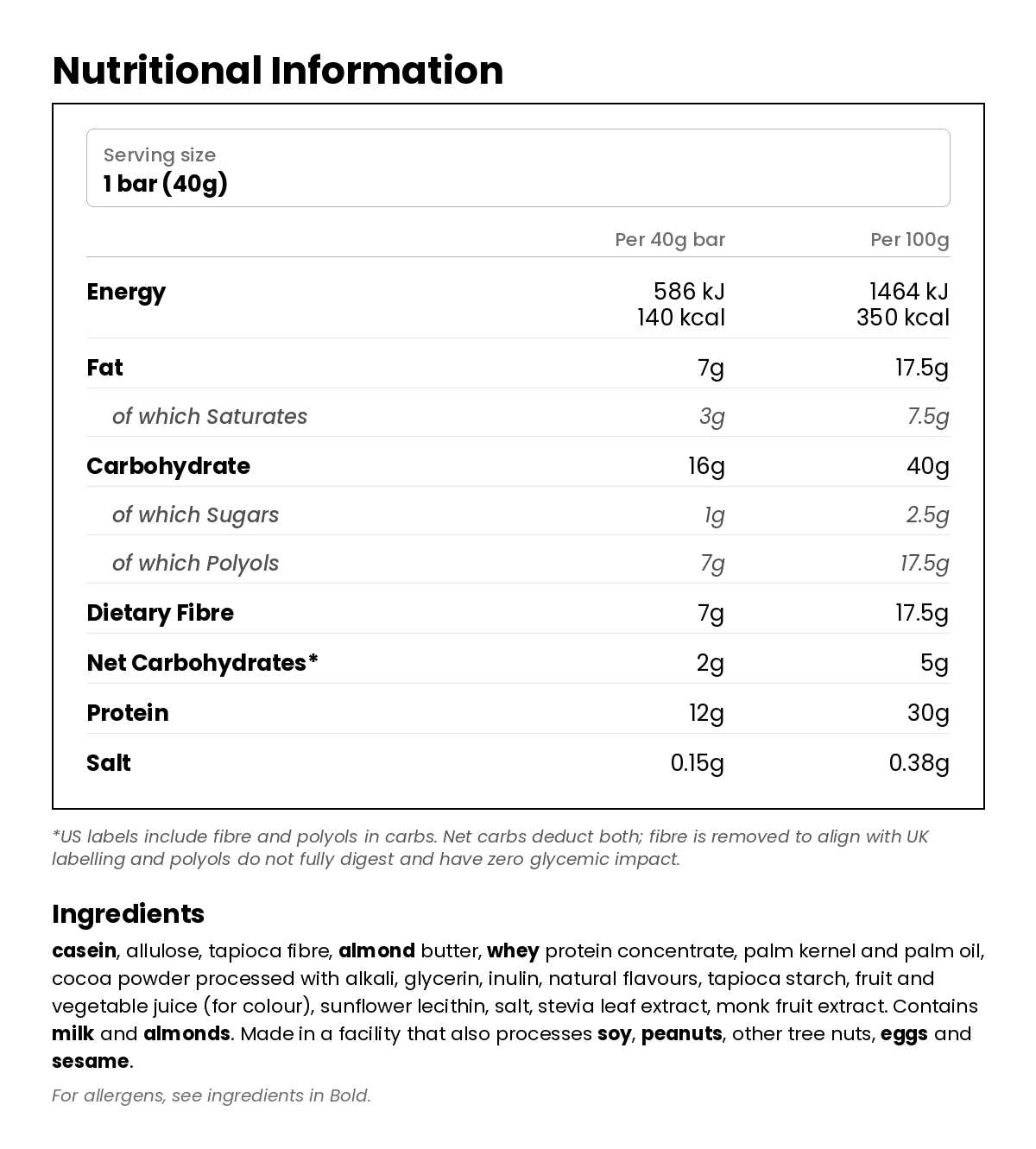 Nutritional information for Double Chocolate Protein Treats Cereal Bar 40g