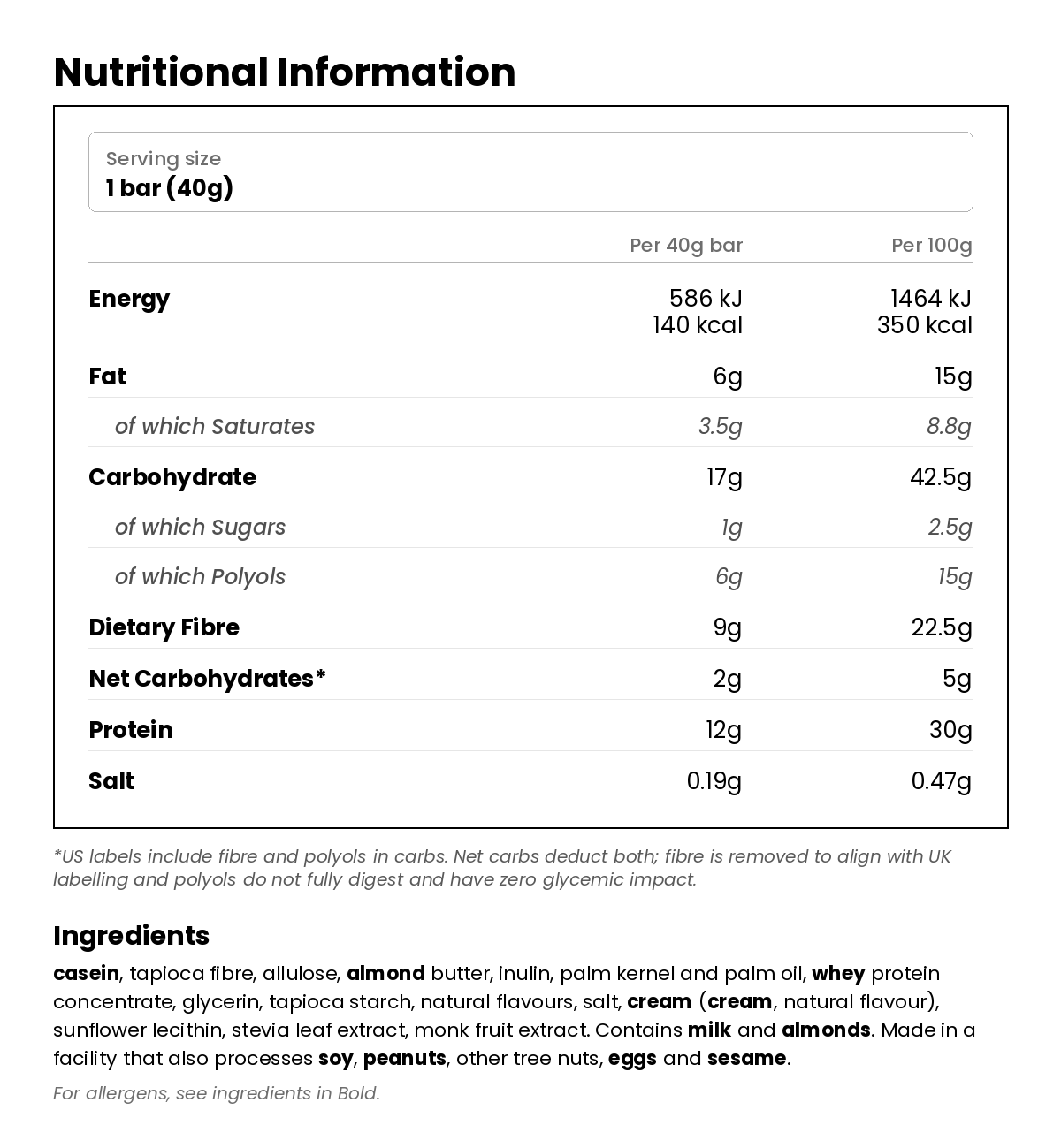 Nutritional information for Marshmallow Protein Treats Cereal Bar 40g