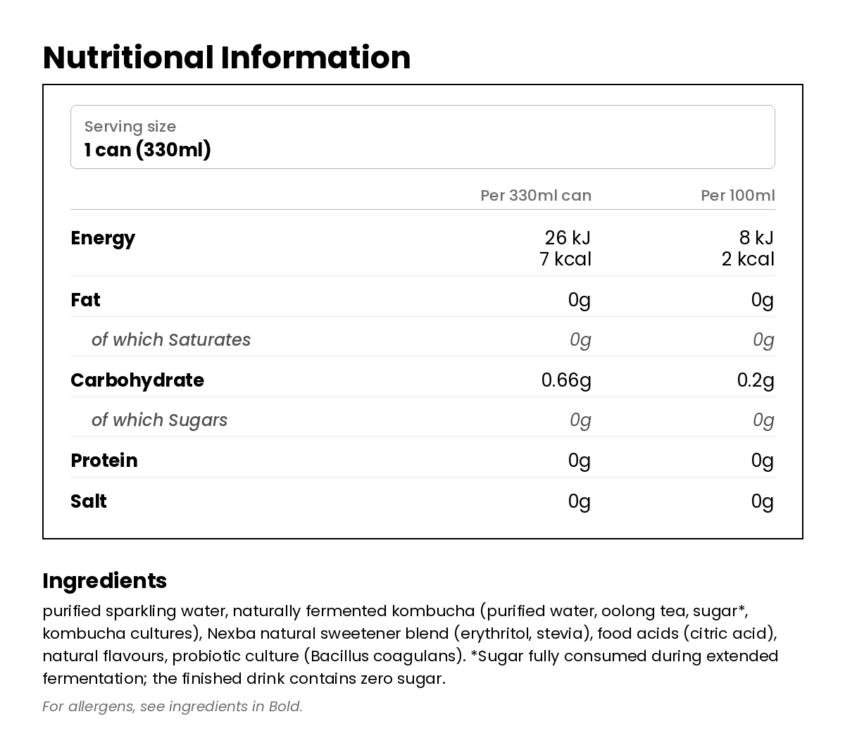 Nutritional information for Mixed Berry Kombucha 330ml