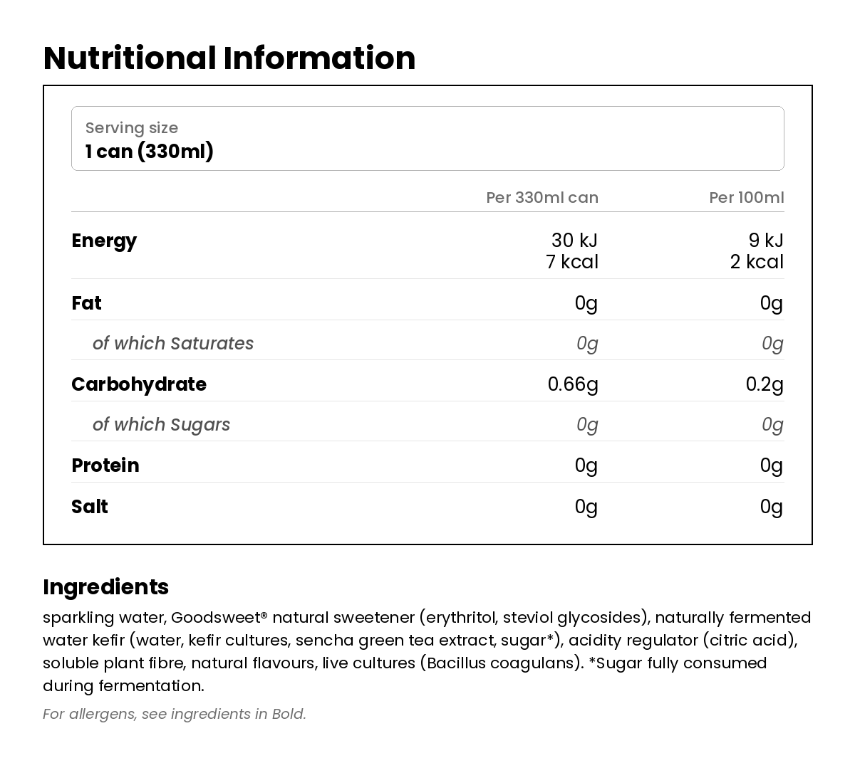 Nutritional information for Water Kefir Blueberry & Vanilla 330ml