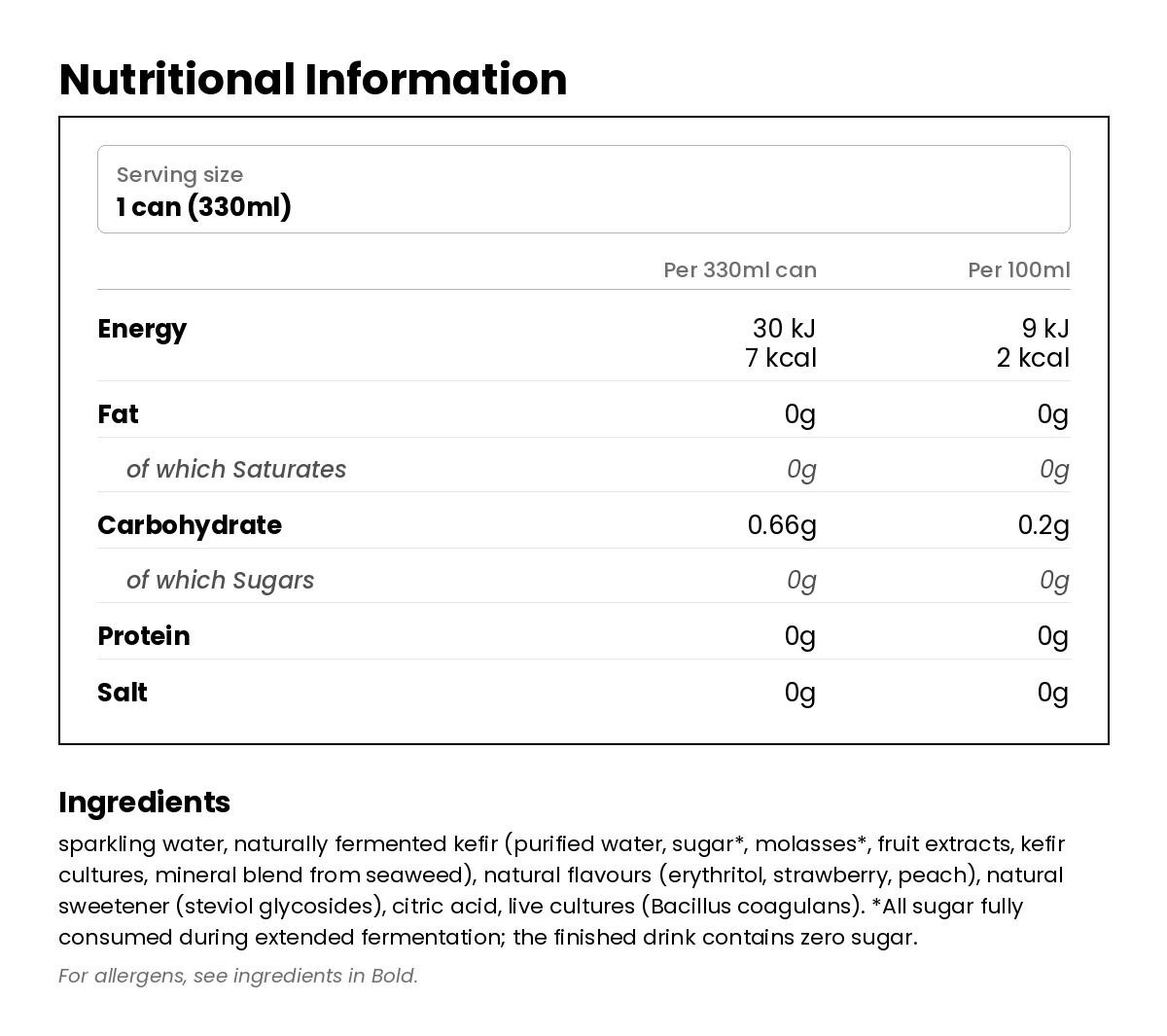 Nutritional information for Water Kefir Strawberry & Peach 330ml