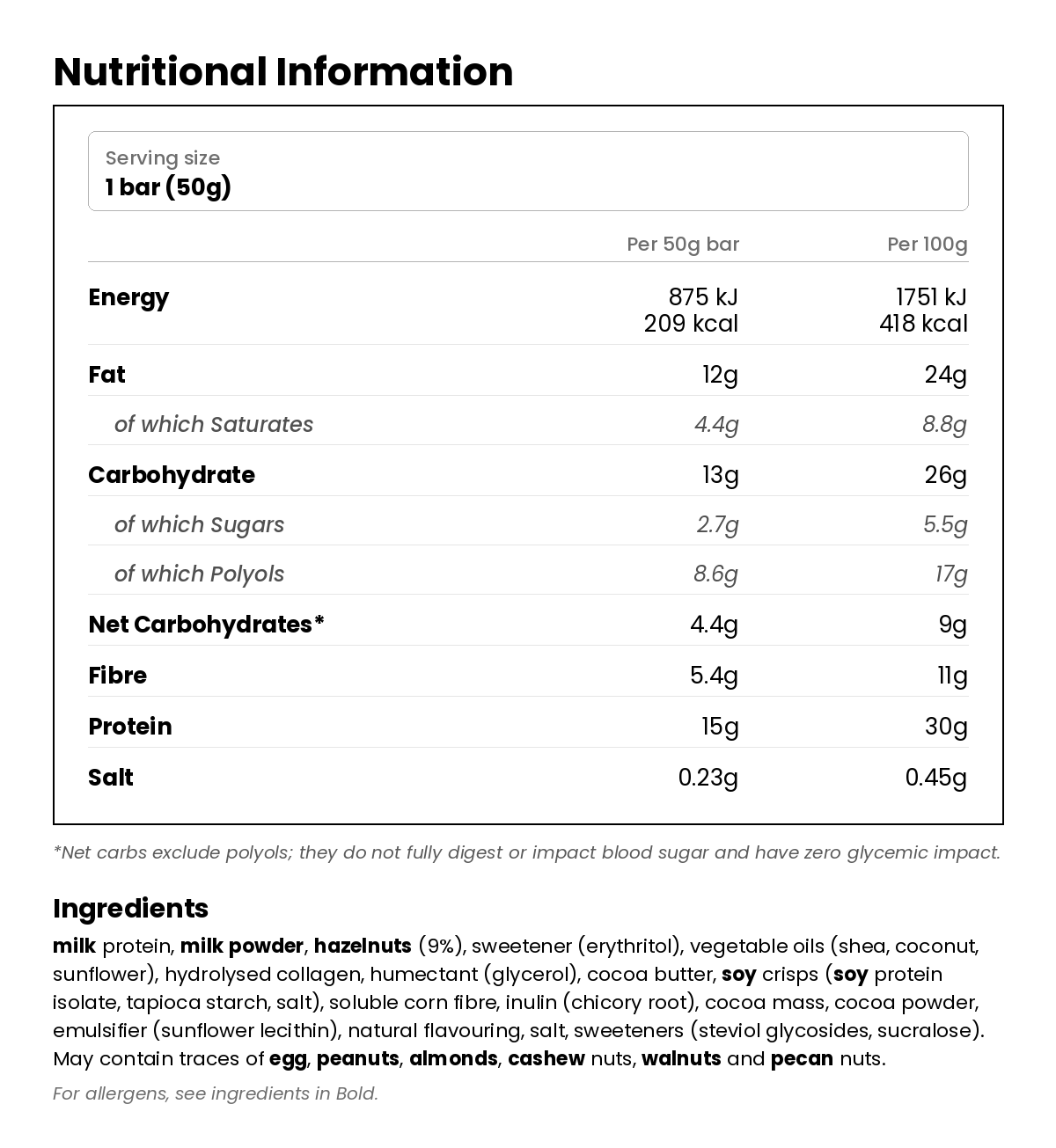Nutritional information for Protein Bar - Hazelnut Chocolate 50g