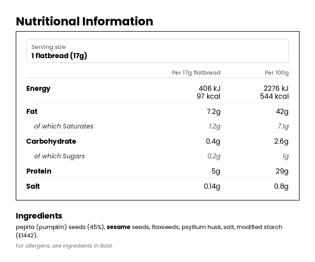 Nutritional information for Flatbreads - Pumpkin Seed 100g