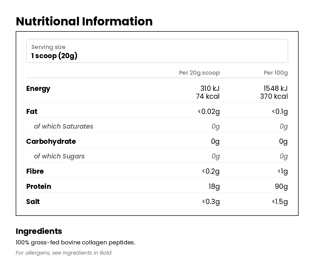 Nutritional information for Certified Grass Fed Collagen Peptides 400g