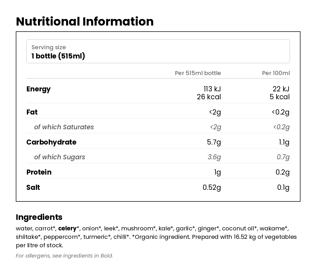 Nutritional information for Organic Vegetable Broth 515ml