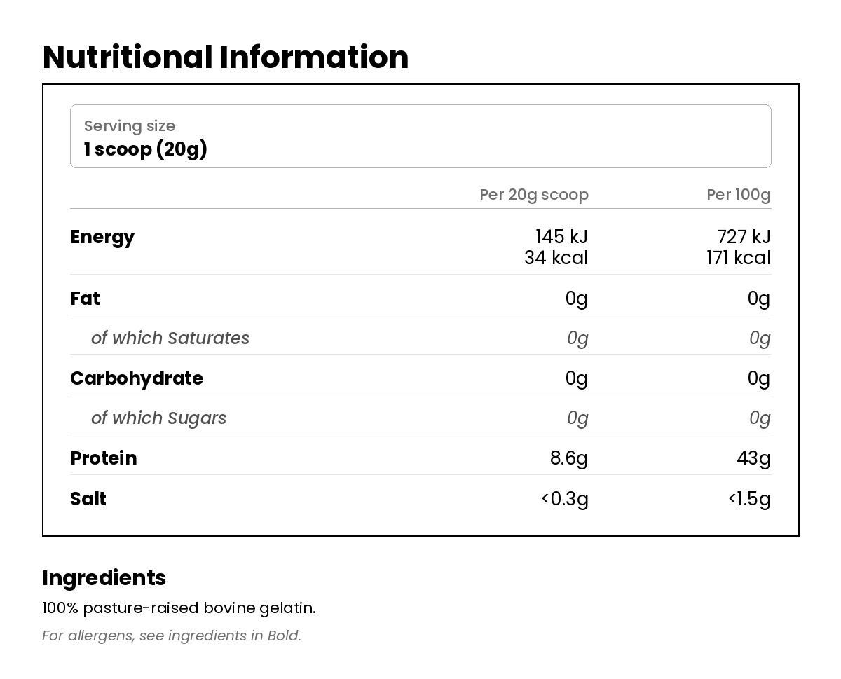 Nutritional information for Pasture Raised Gelatin 400g