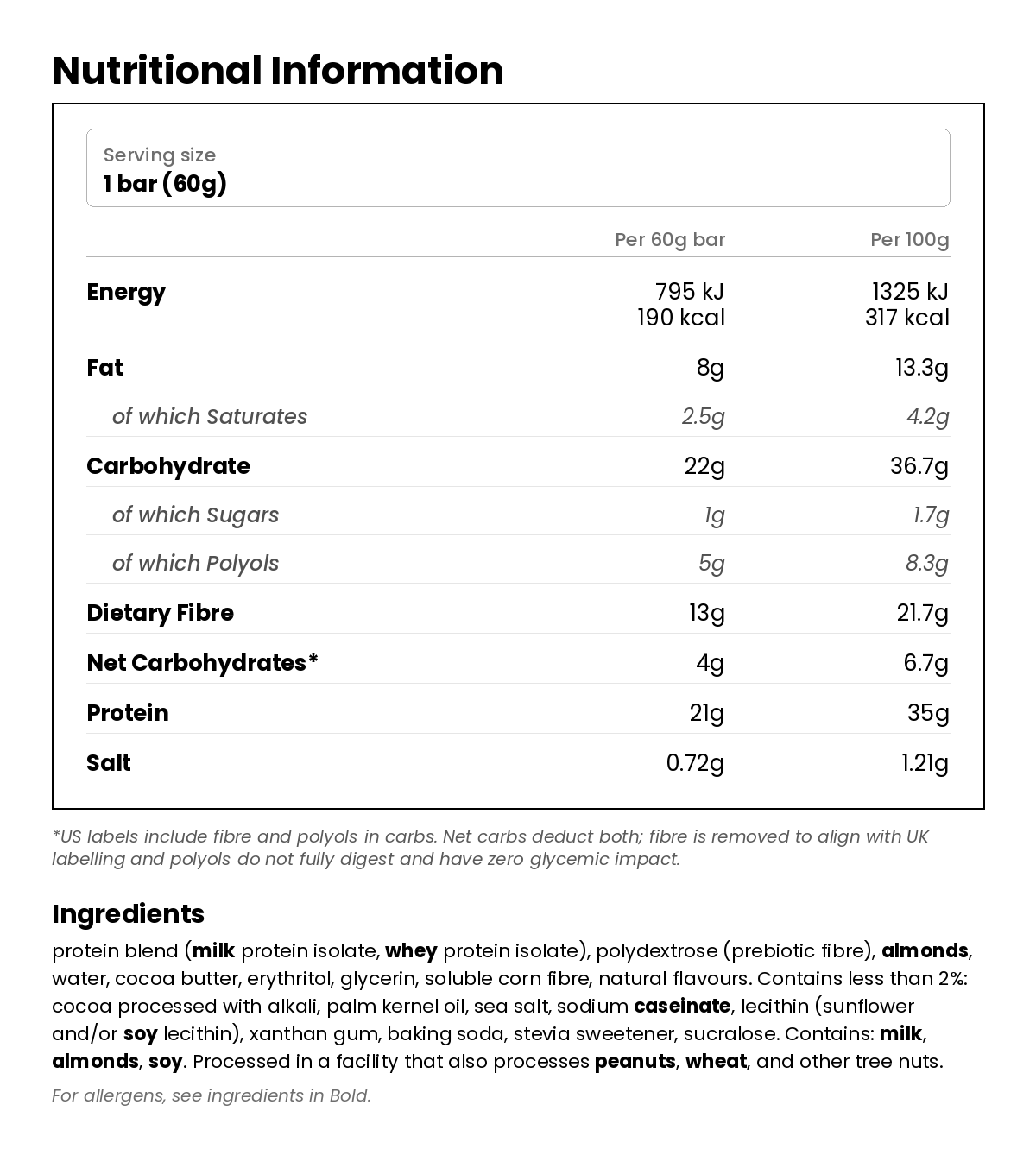 Nutritional information for Cookies & Cream Protein Bar 60g