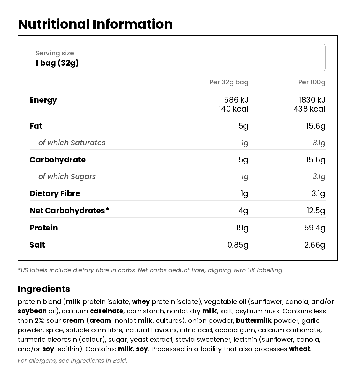 Nutritional information for Low Carb Chips - Sour Cream & Onion 32g
