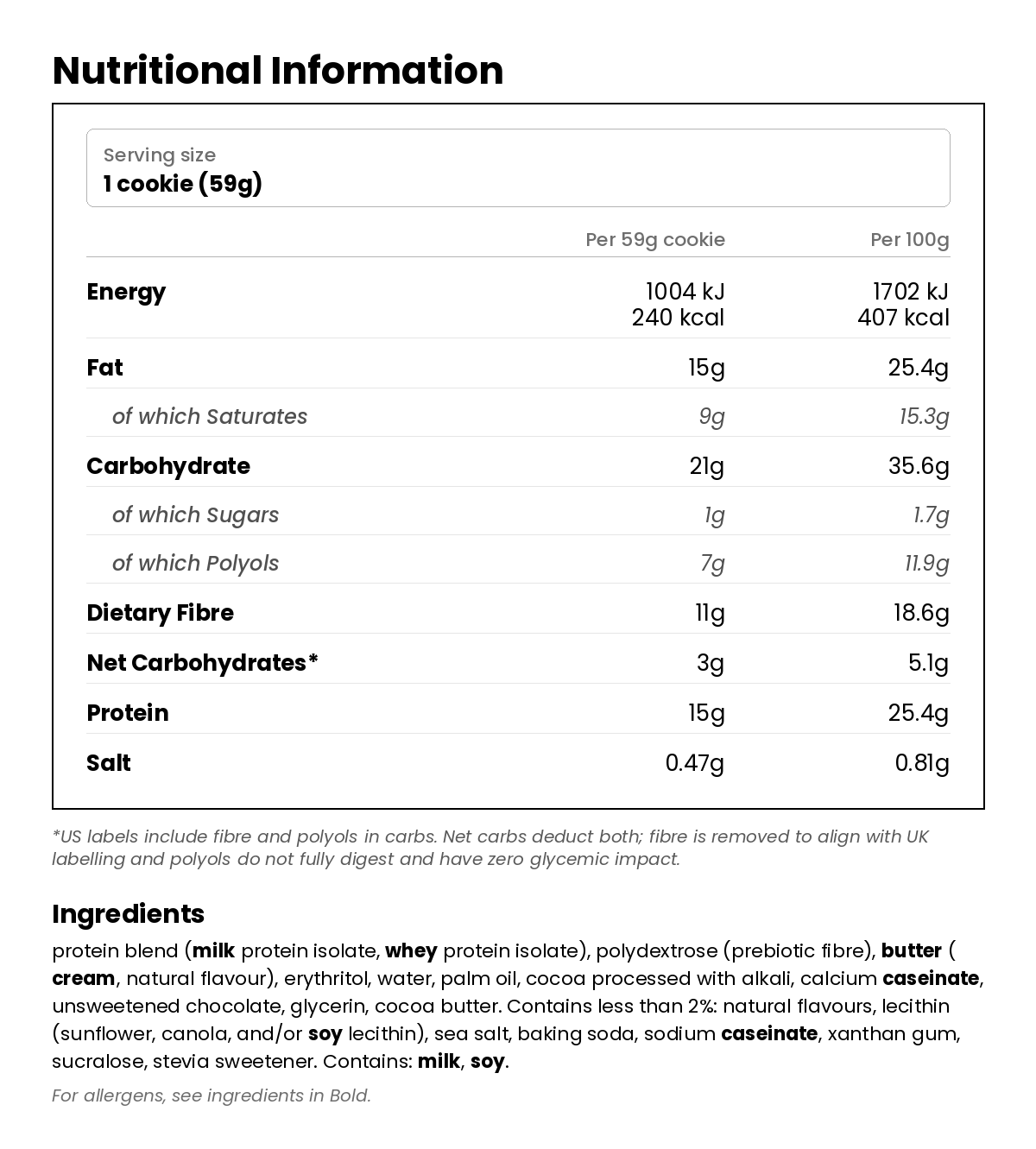 Nutritional information for Low Carb Cookie - Double Chocolate Chip 59g