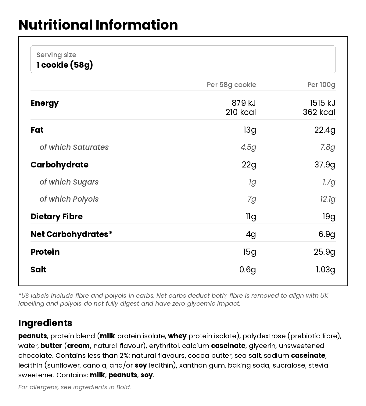 Nutritional information for Low Carb Cookie - Peanut Butter Chocolate Chip 58g