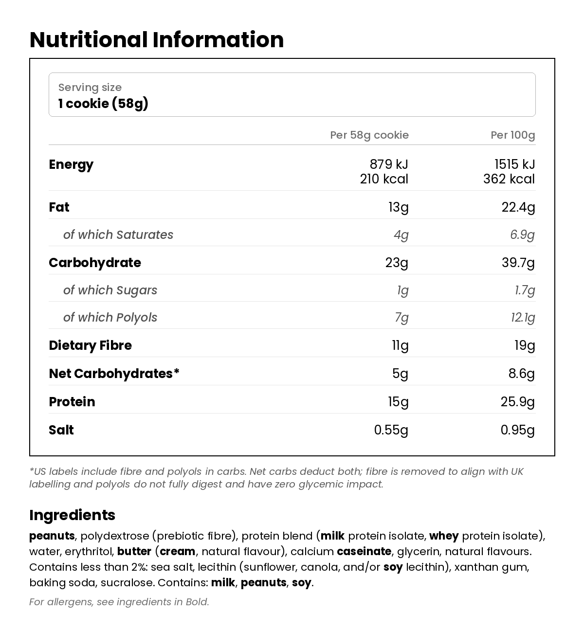 Nutritional information for Low Carb Cookie - Peanut Butter 58g