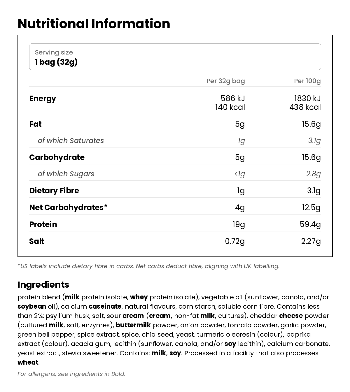 Nutritional information for Low Carb Tortilla Chips - Loaded Taco 32g