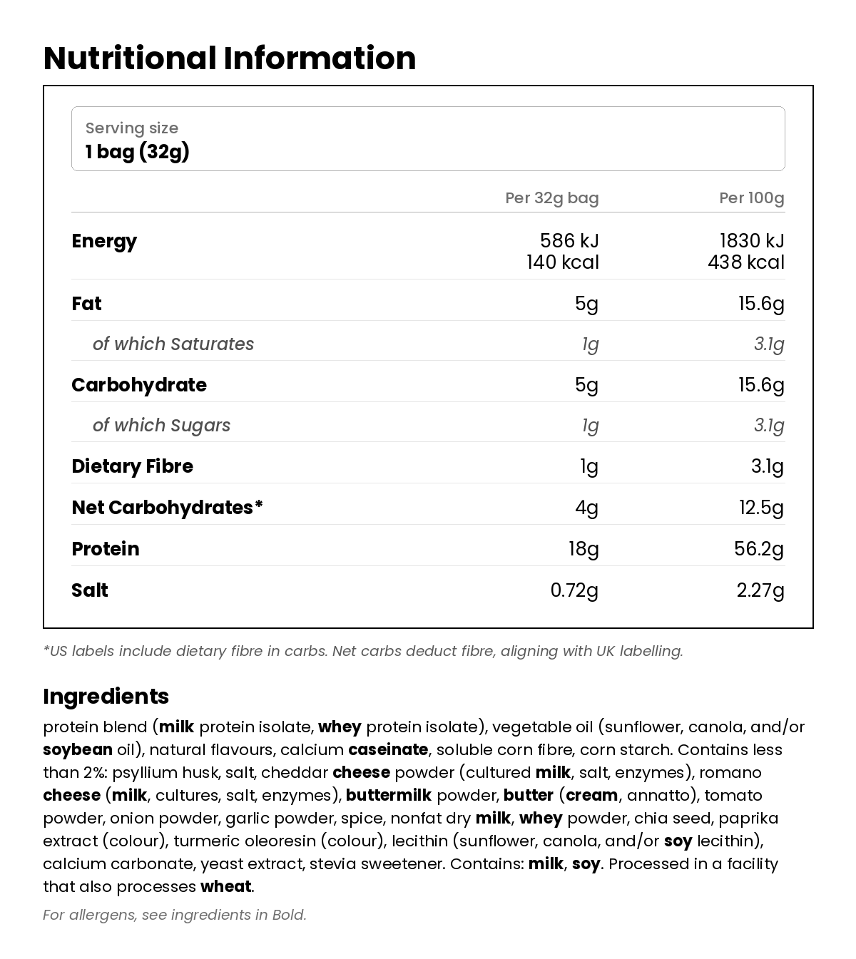 Nutritional information for Low Carb Tortilla Chips - Nacho Cheese 32g