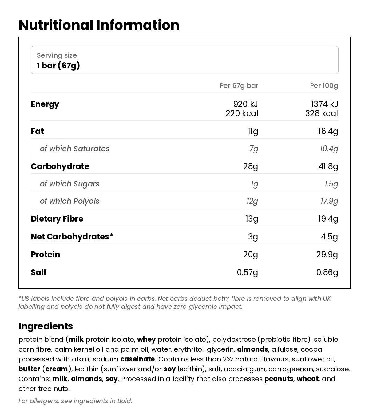 Nutritional information for Stacks Bar - Brownie A La Mode 67g