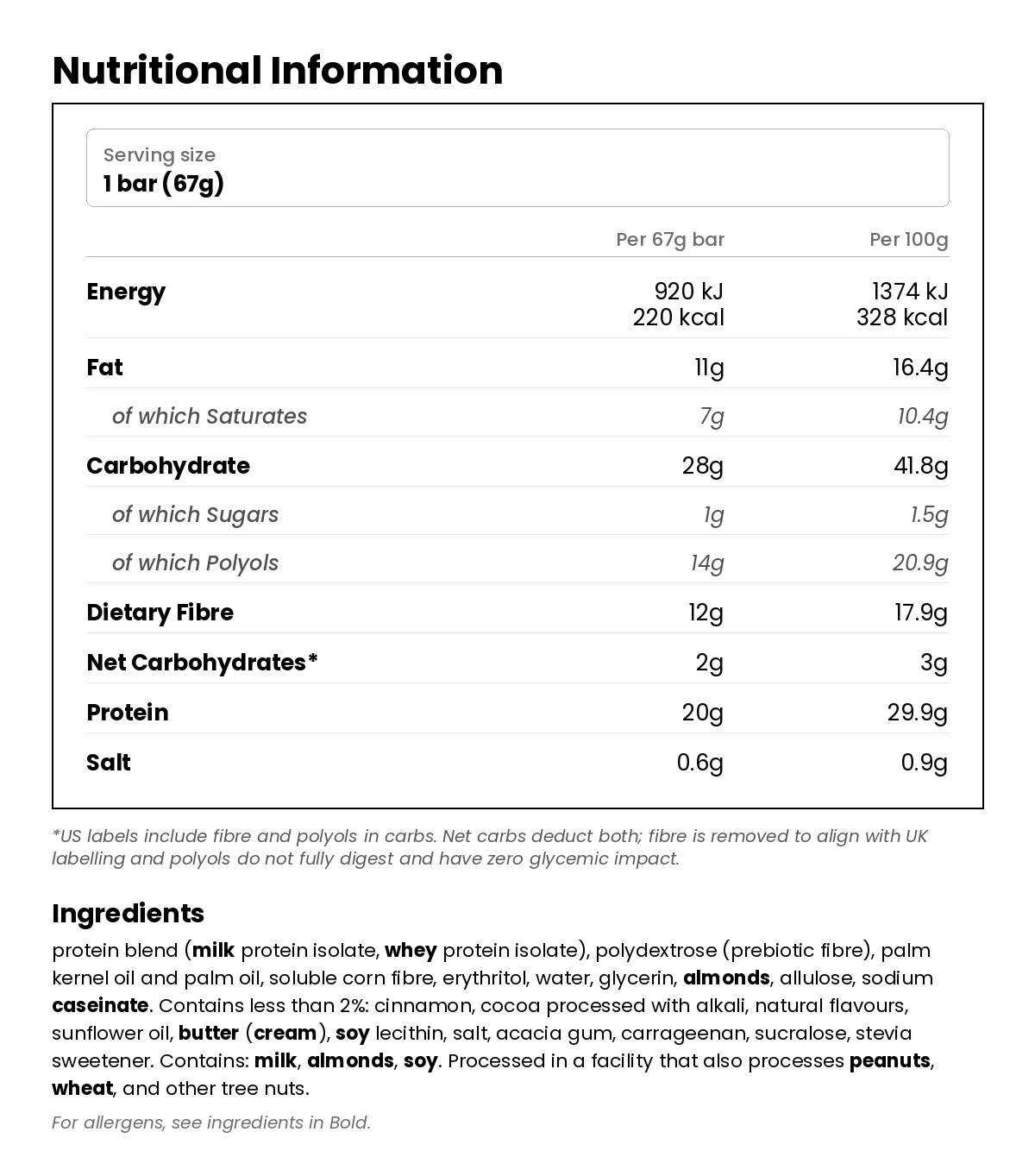 Nutritional information for Stacks Bar - Cinnamon Brown Sugar 67g