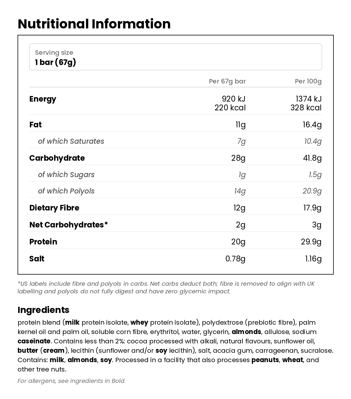 Nutritional information for Stacks Bar - Salted Caramel 67g