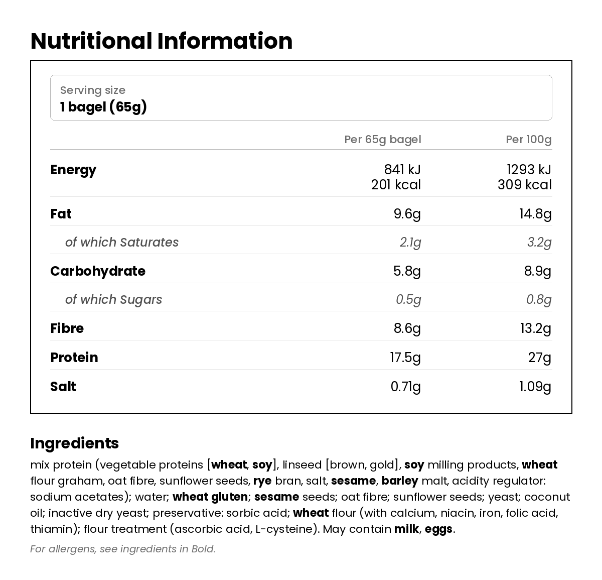Nutritional information for Keto Bagels - 4 x 65g