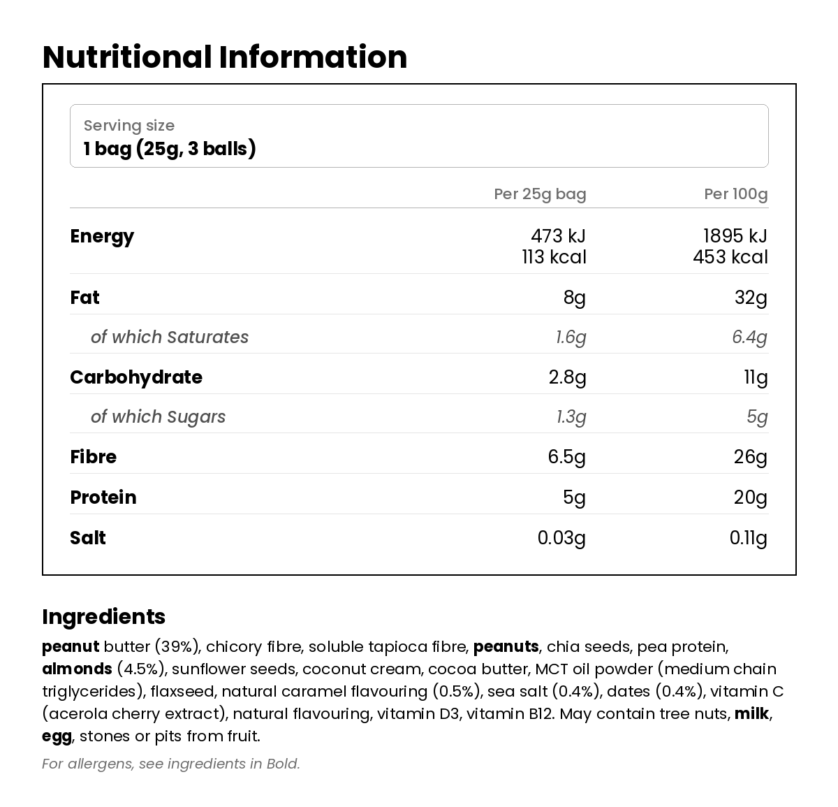Nutritional information for Salted Caramel Keto Balls 25g