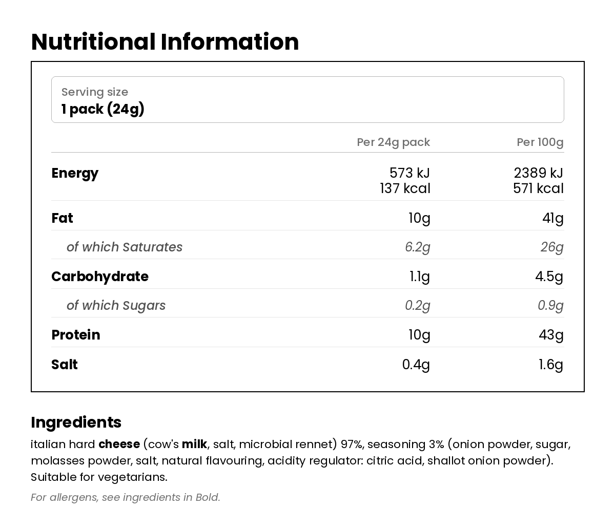 Nutritional information for Crunchy Snacking Cheese Caramelised Onion 24g