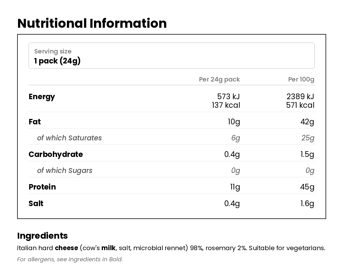 Nutritional information for Crunchy Snacking Cheese Rosemary 24g