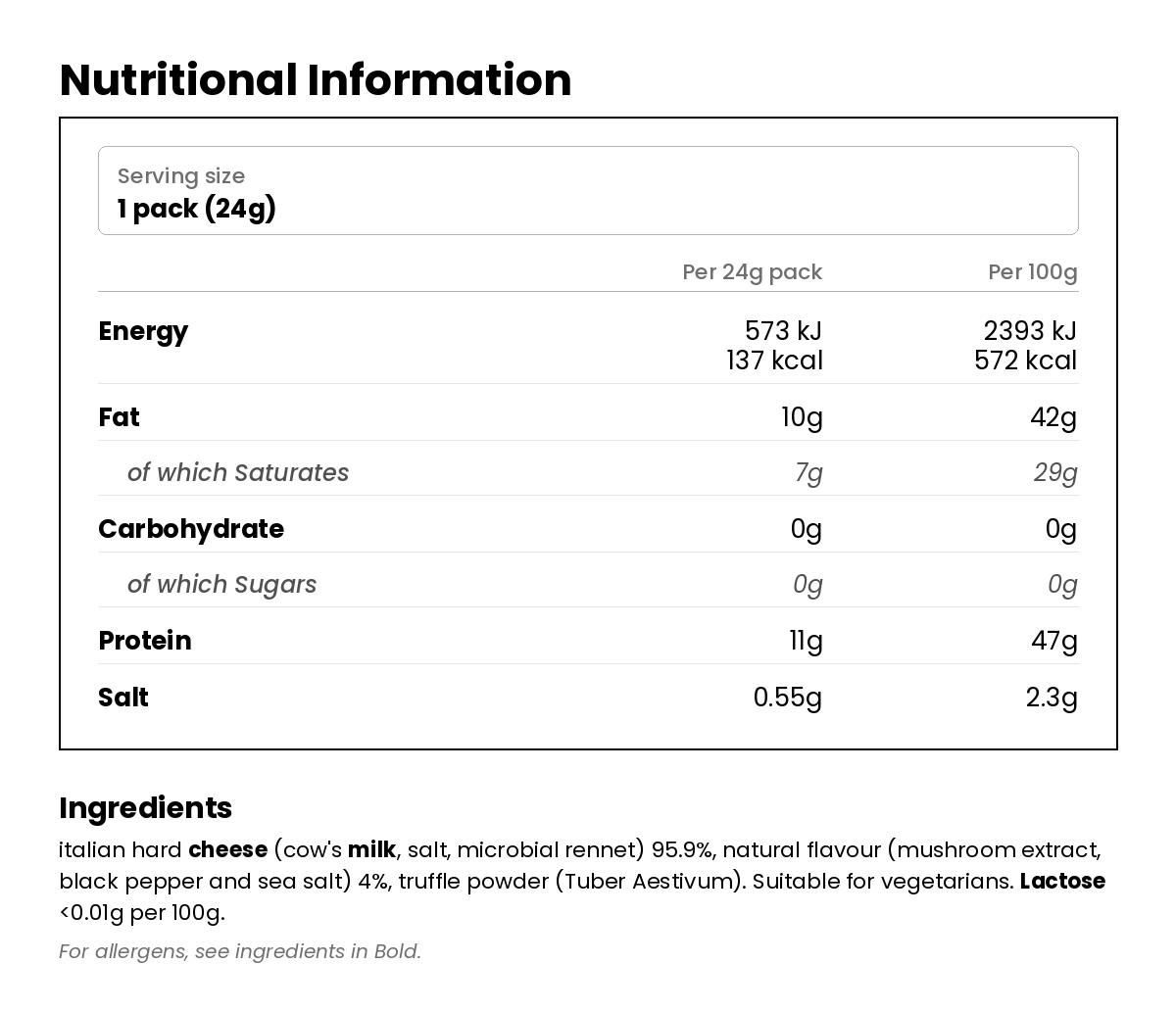 Nutritional information for Crunchy Snacking Cheese with Truffle 24g