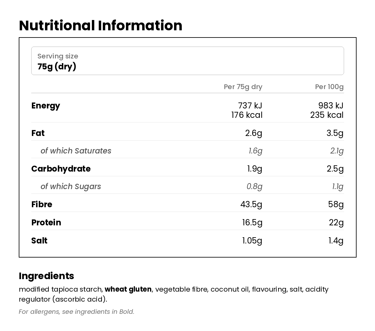 Nutritional information for Spaghetti Low Carb Pasta 250g