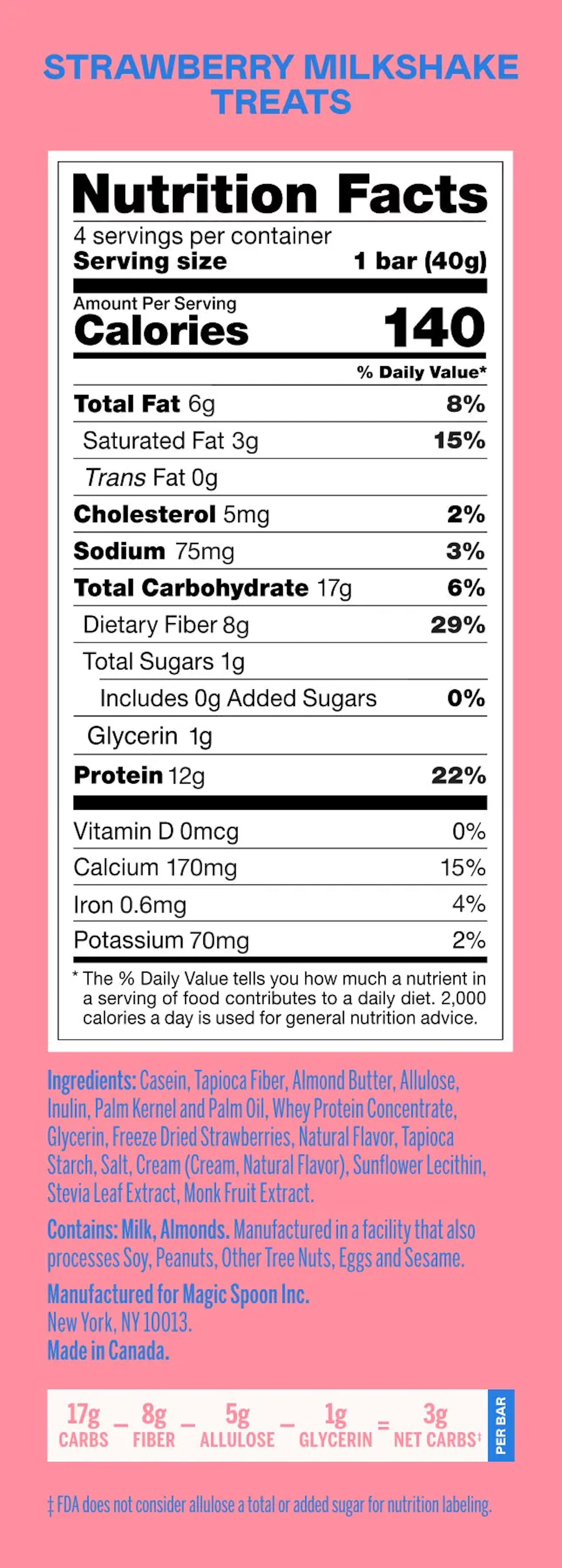 Magic Spoon Treats - Strawberry Milkshake Protein Cereal Bar 40g