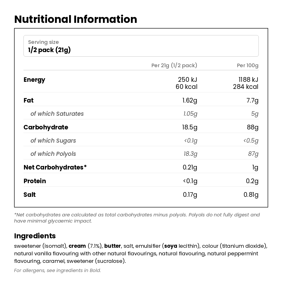 Nutritional information for Sugar Free Sweets - Mint Humbugs 42g