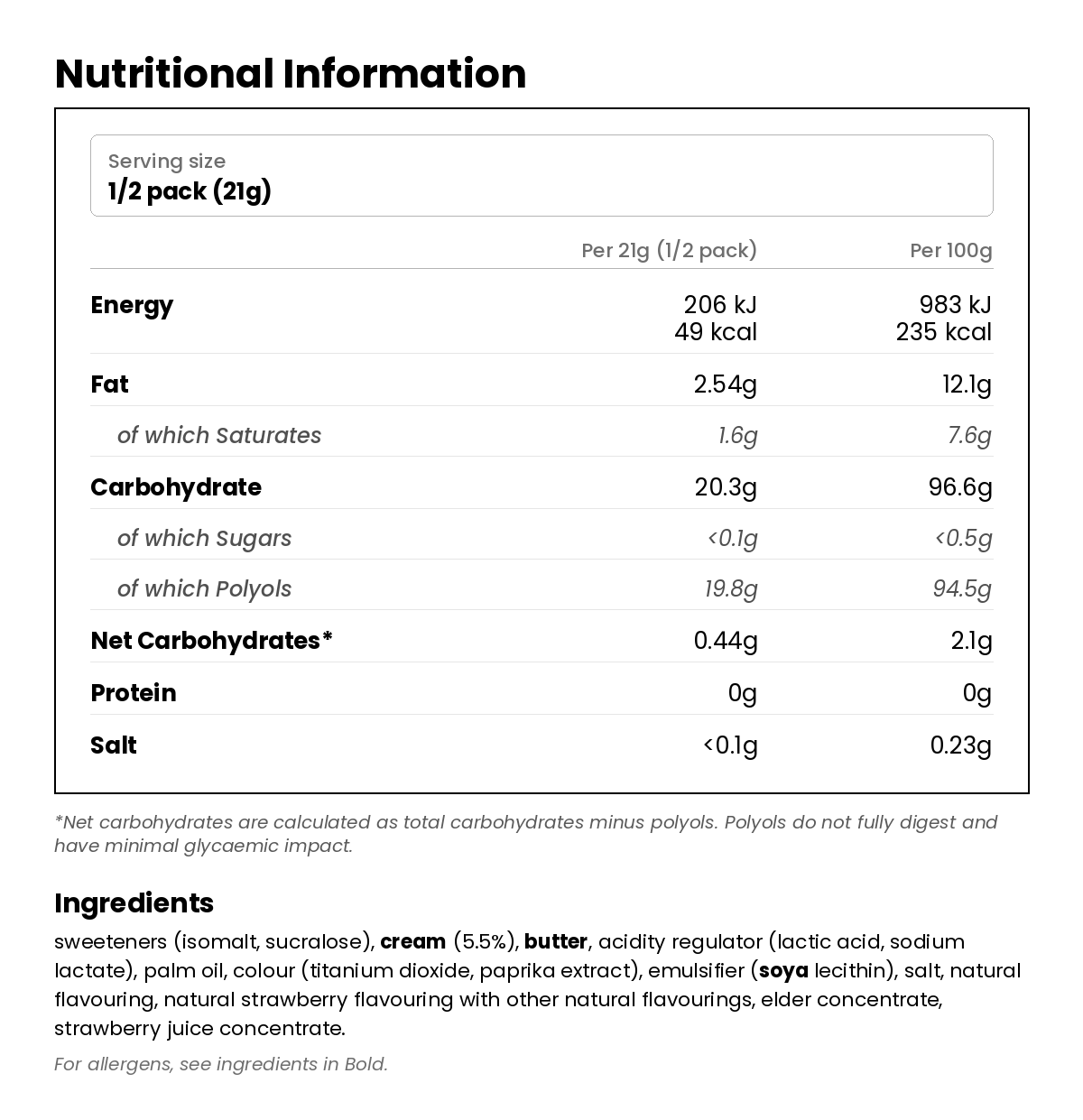Nutritional information for Sugar Free Sweets - Strawberry & Cream 42g