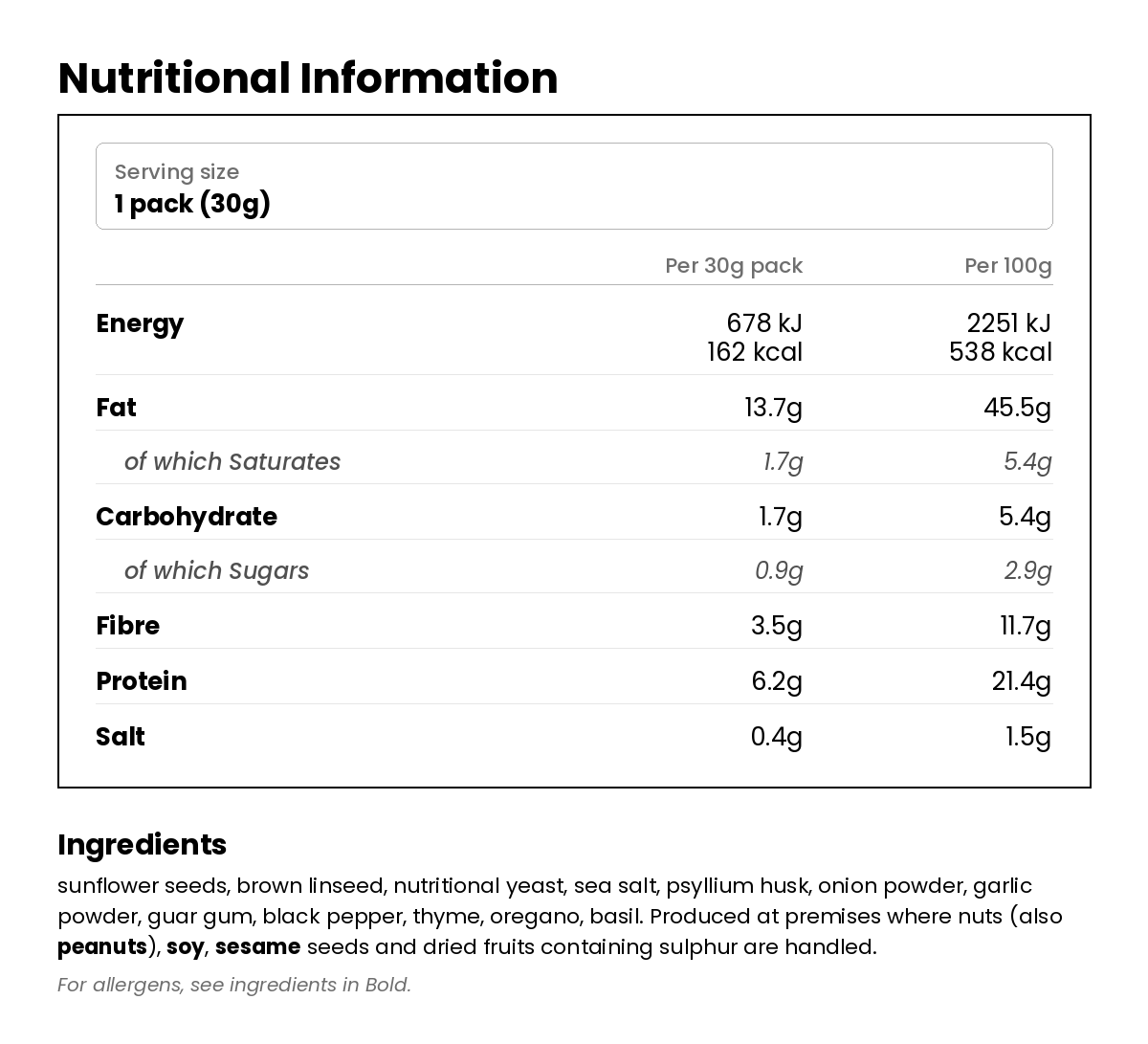 Nutritional information for Low Carb Keto Crackers - Cheezy Italian 30g