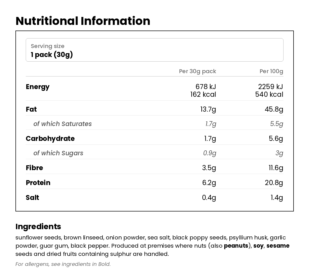 Nutritional information for Low Carb Keto Crackers - Three Seeds 30g