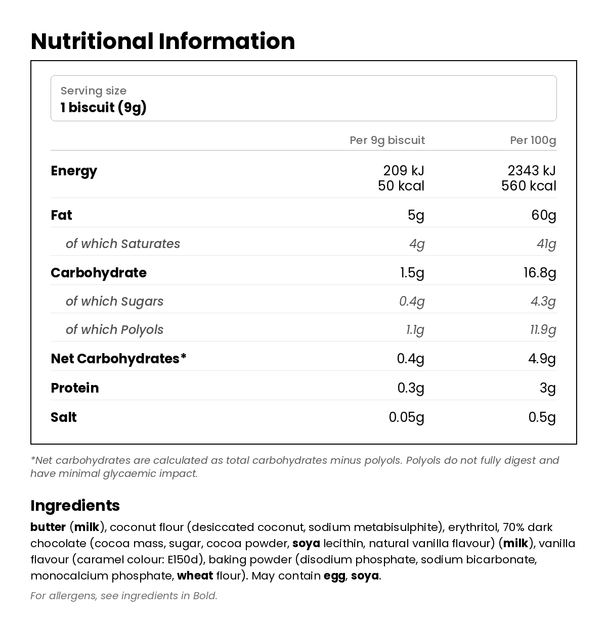 Nutritional information for Low Carb Biscuits - Chocolate Chip (Pack of 6)
