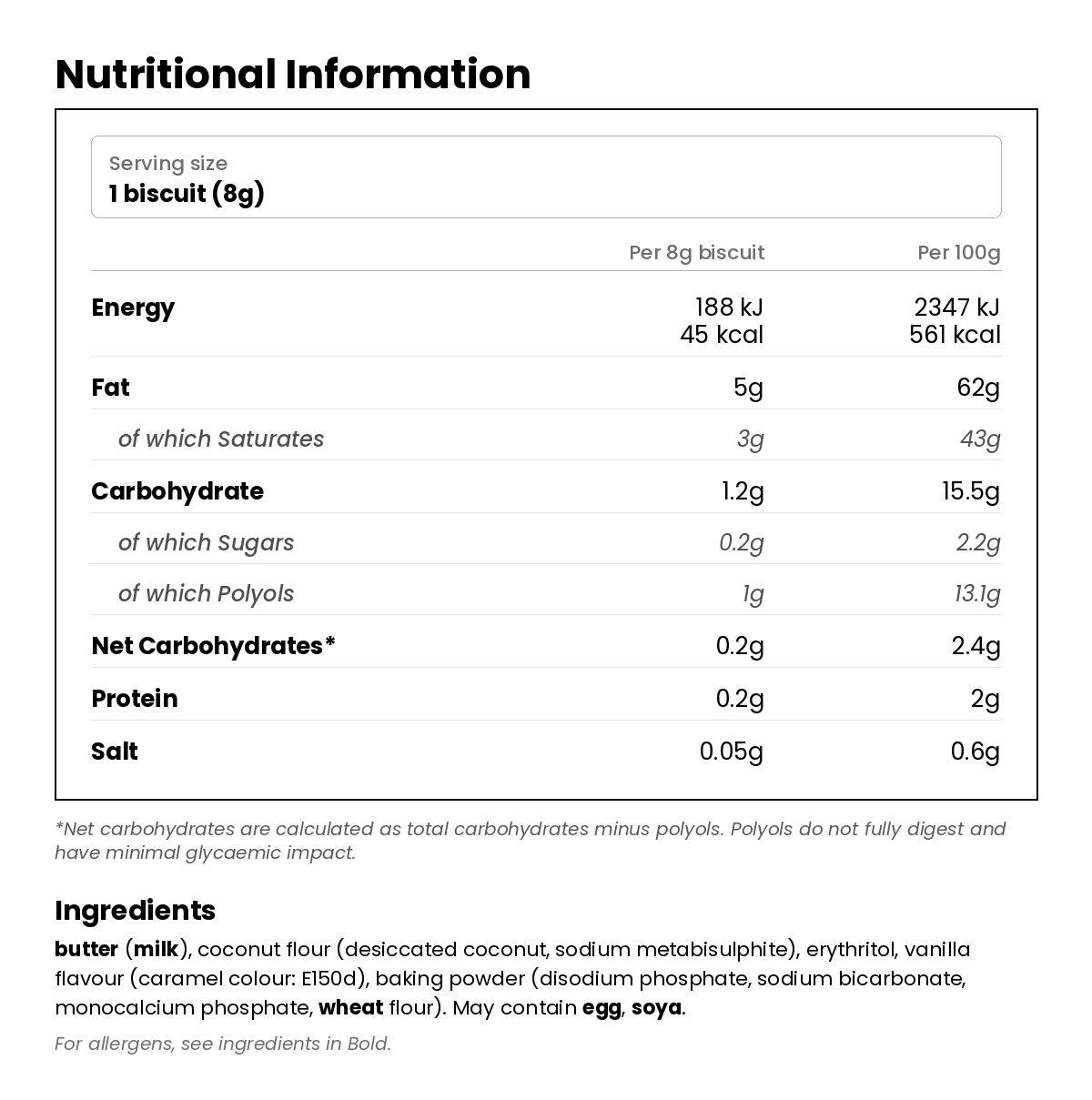 Nutritional information for Low Carb Biscuits - Vanilla (Pack of 6)