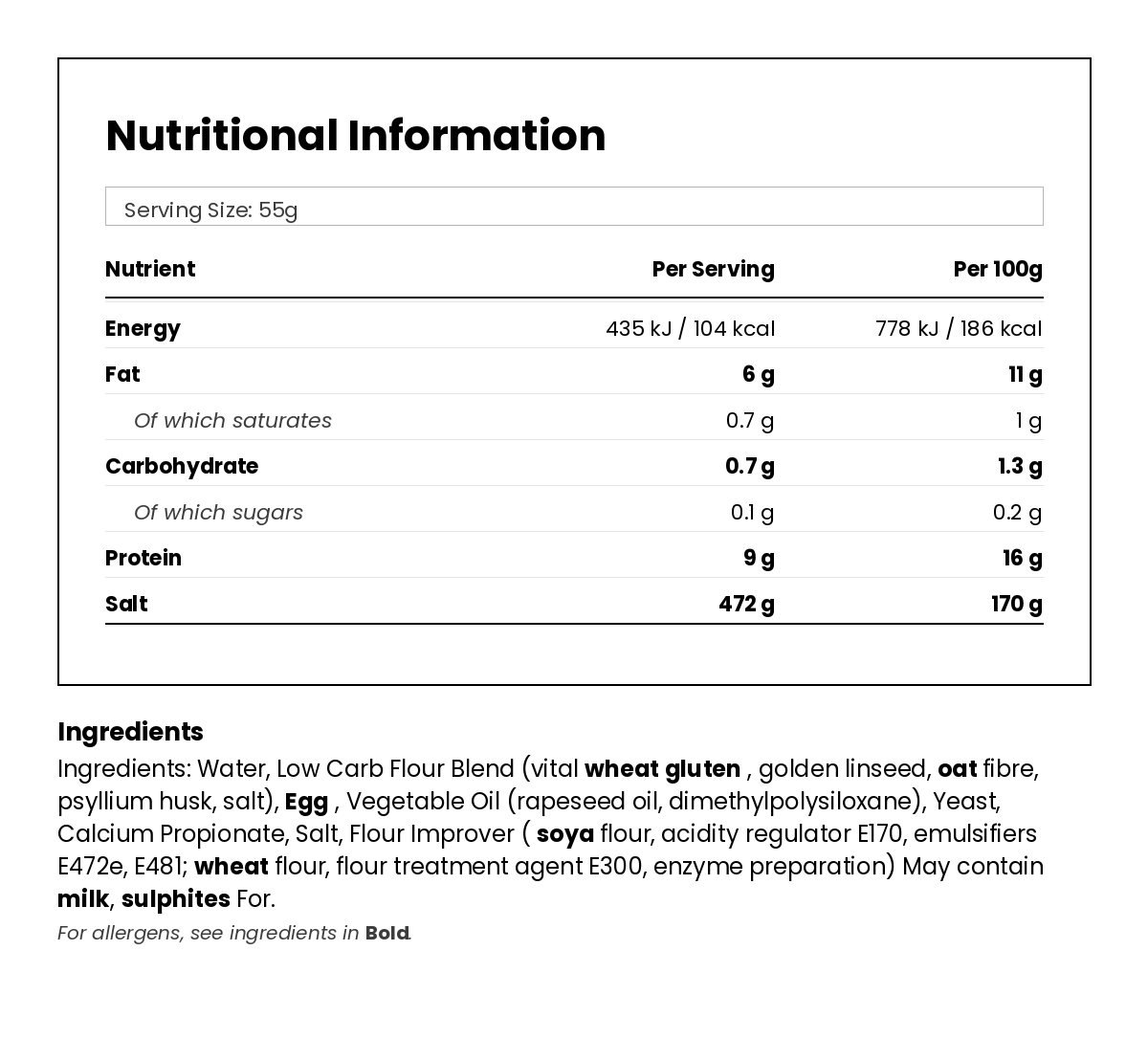Nutritional information for Low Carb Sandwich Thins - 4 x 55g