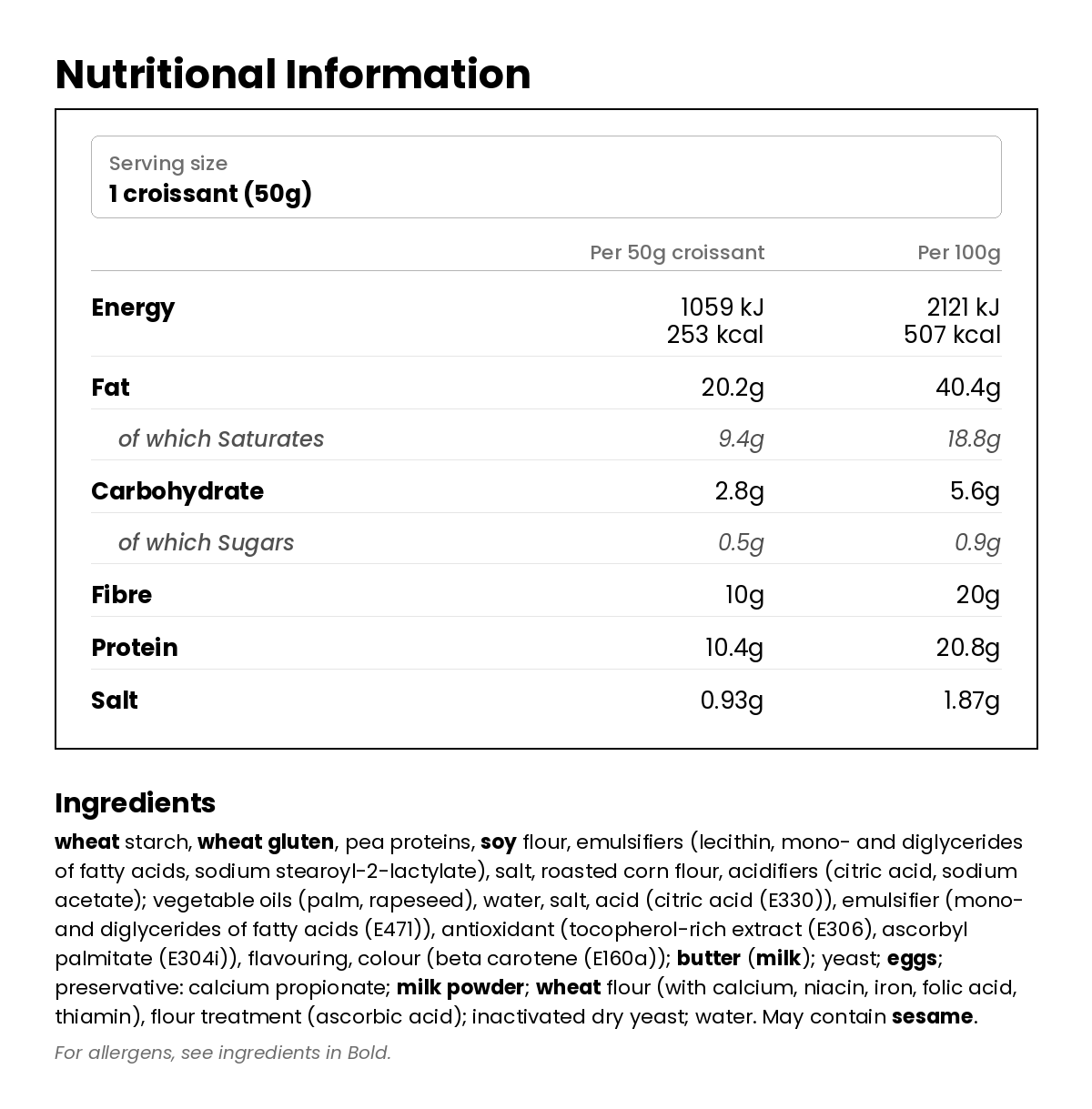 Nutritional information for Plain Keto Croissants - 3 x 50g