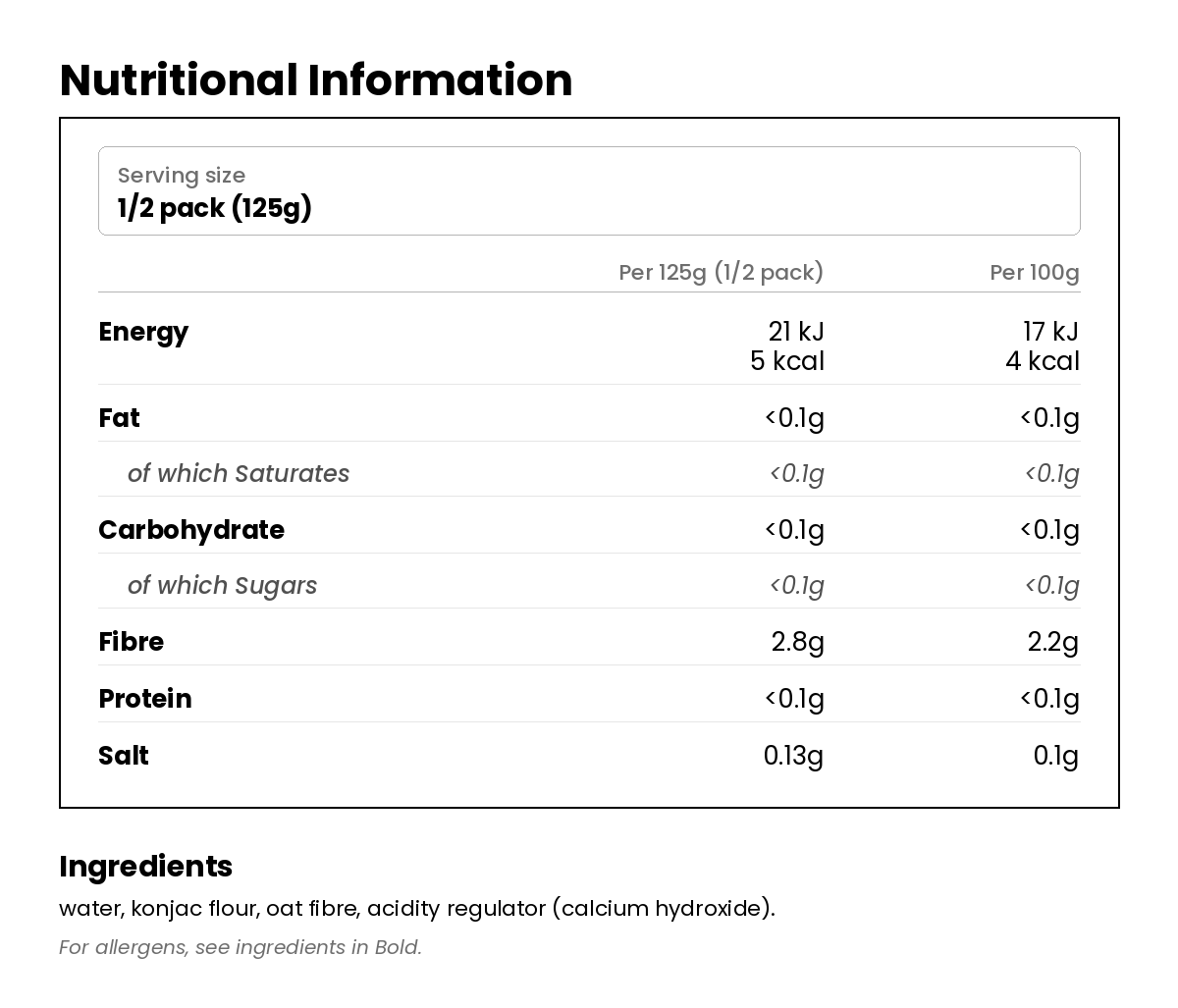 Nutritional information for Zero Carb Noodles 250g