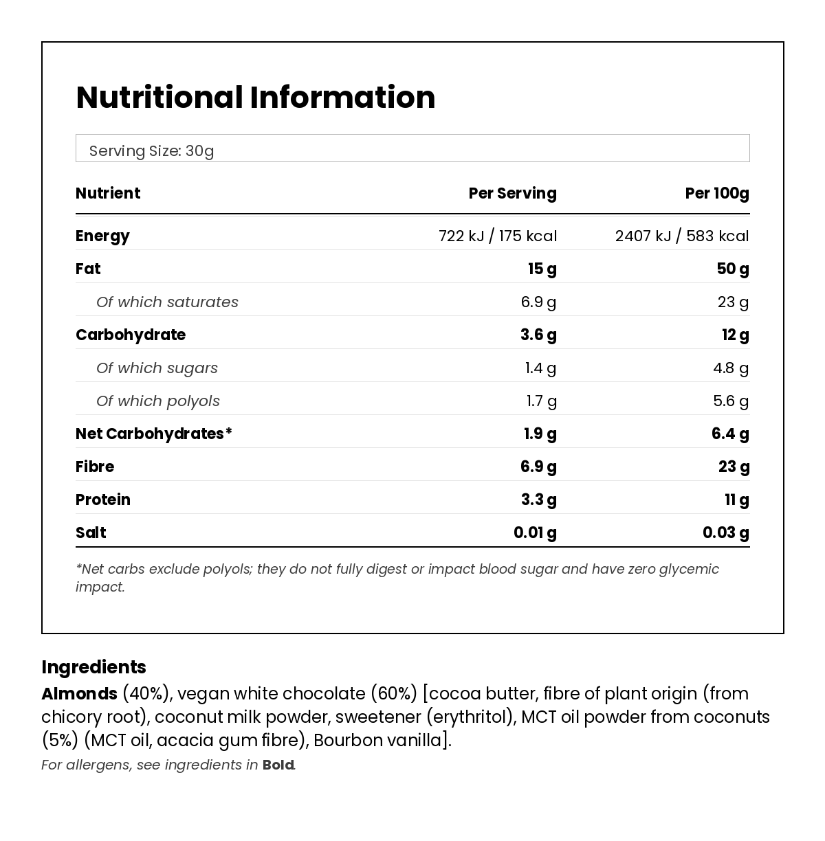 Nutritional information for White Chocolate Almonds + MCT 120g