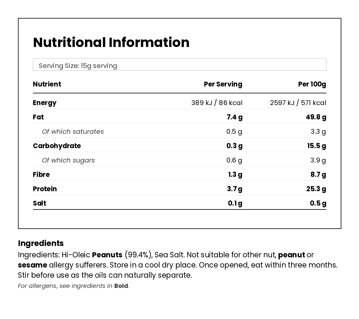 Nutritional information for Crunchy Peanut Butter 285g