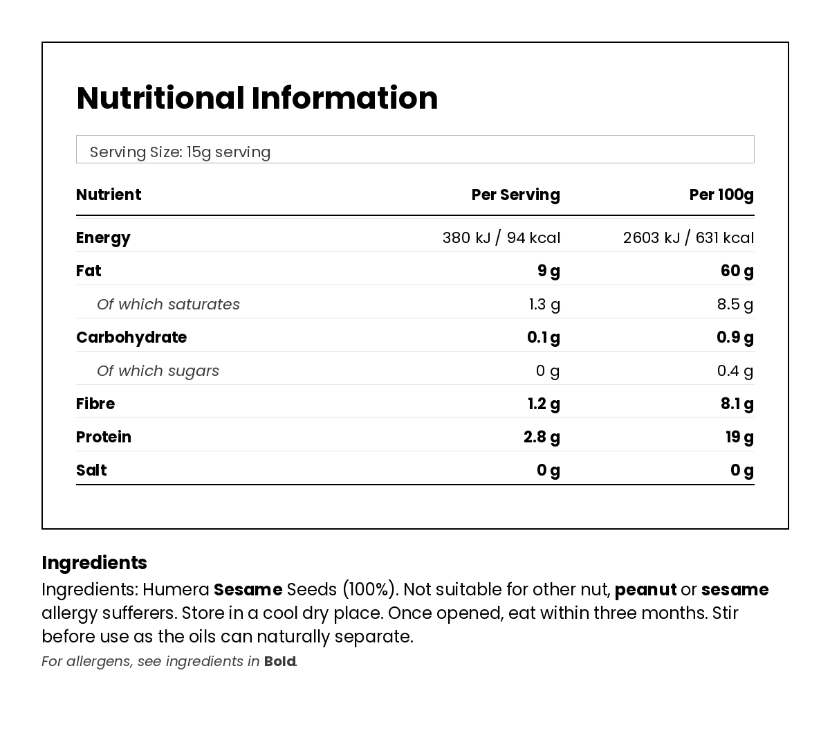 Nutritional information for Original Light Tahini 285g