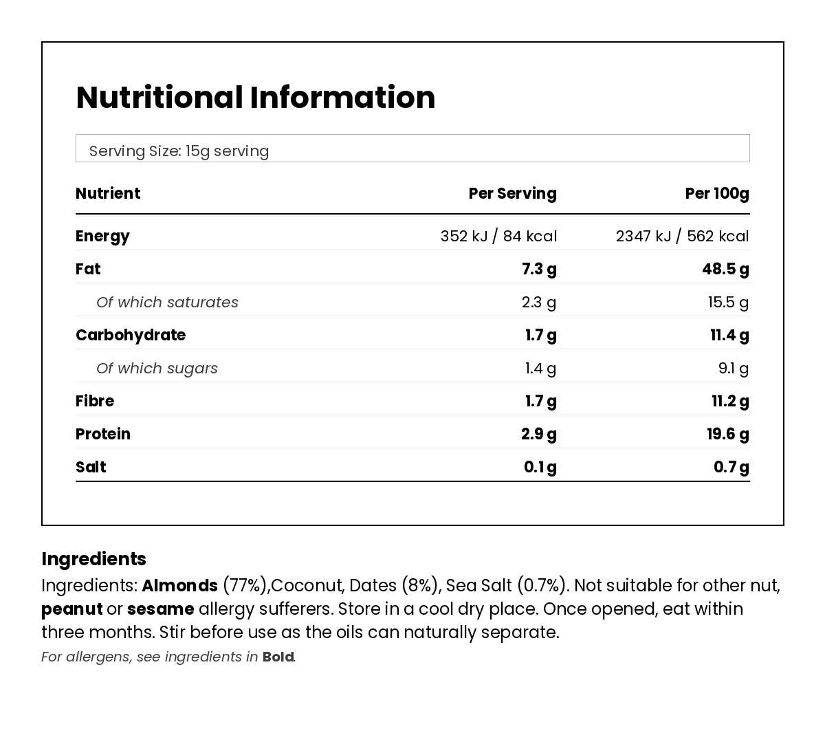 Nutritional information for Salted Date Almond Butter 215g