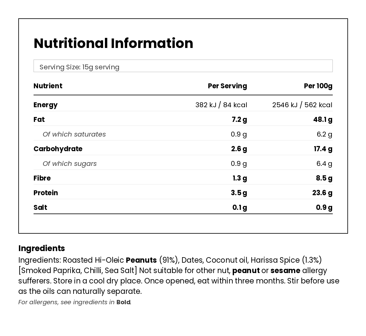 Nutritional information for Smoky Harissa Peanut Butter 285g