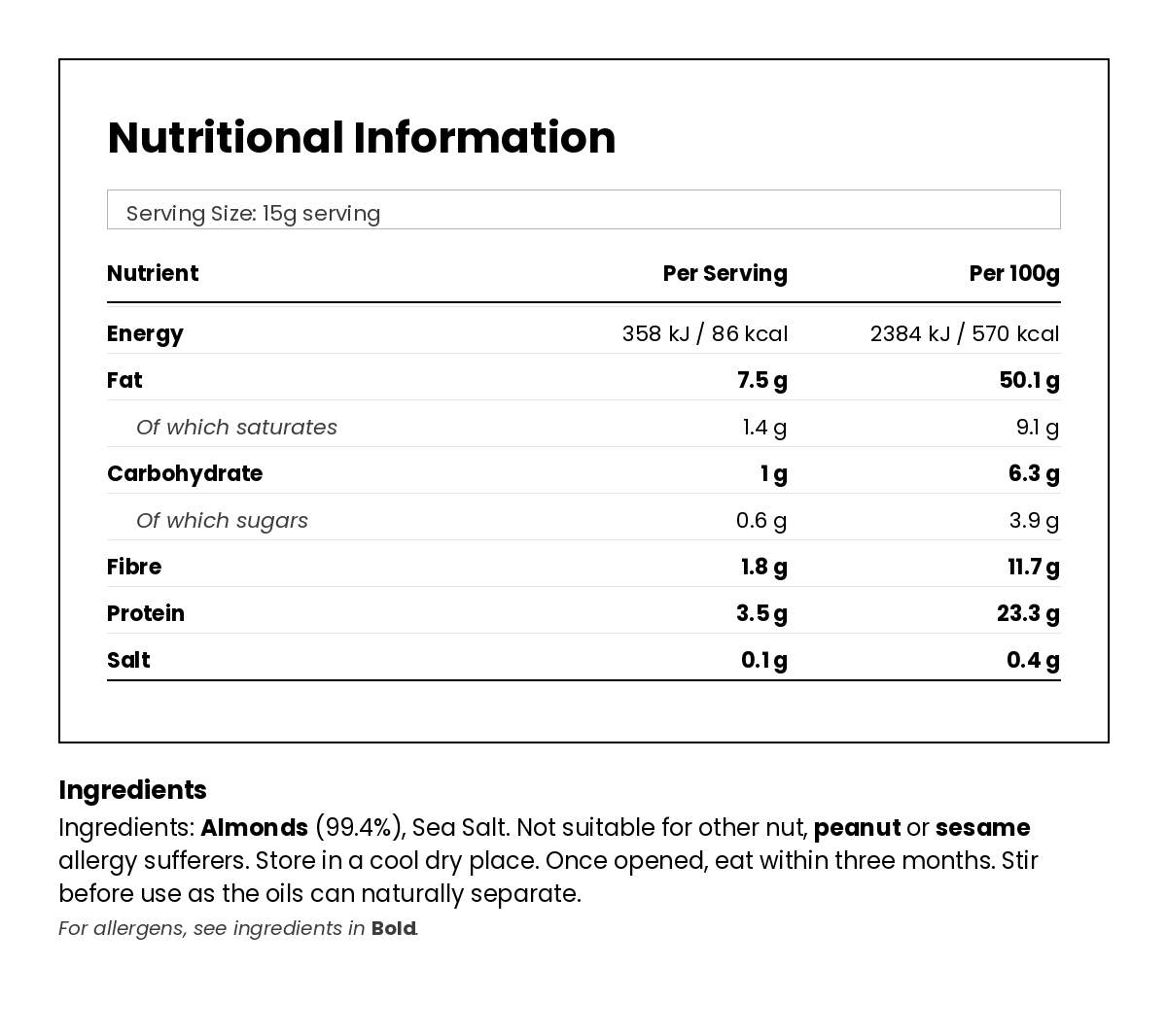 Nutritional information for Smooth Almond Butter 215g